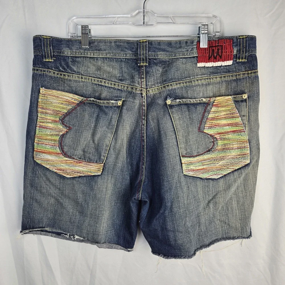 Vtg Y2K Massive Revolution Jean Cutoff Shorts Mens 40 Distress Baggy Embroidered